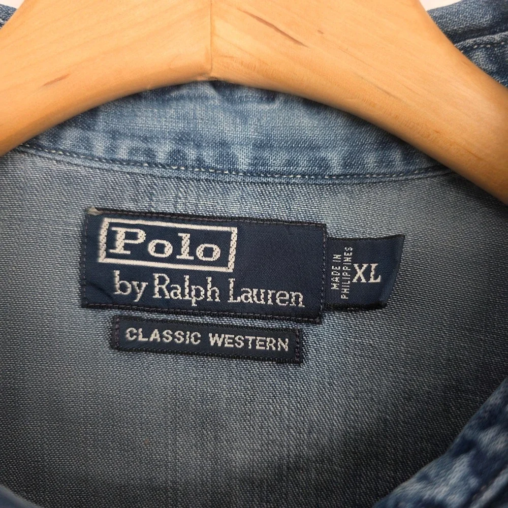 Vintage Ralph Lauren Classic Western Denim Shirt Mens XL Blue Pearl Snap